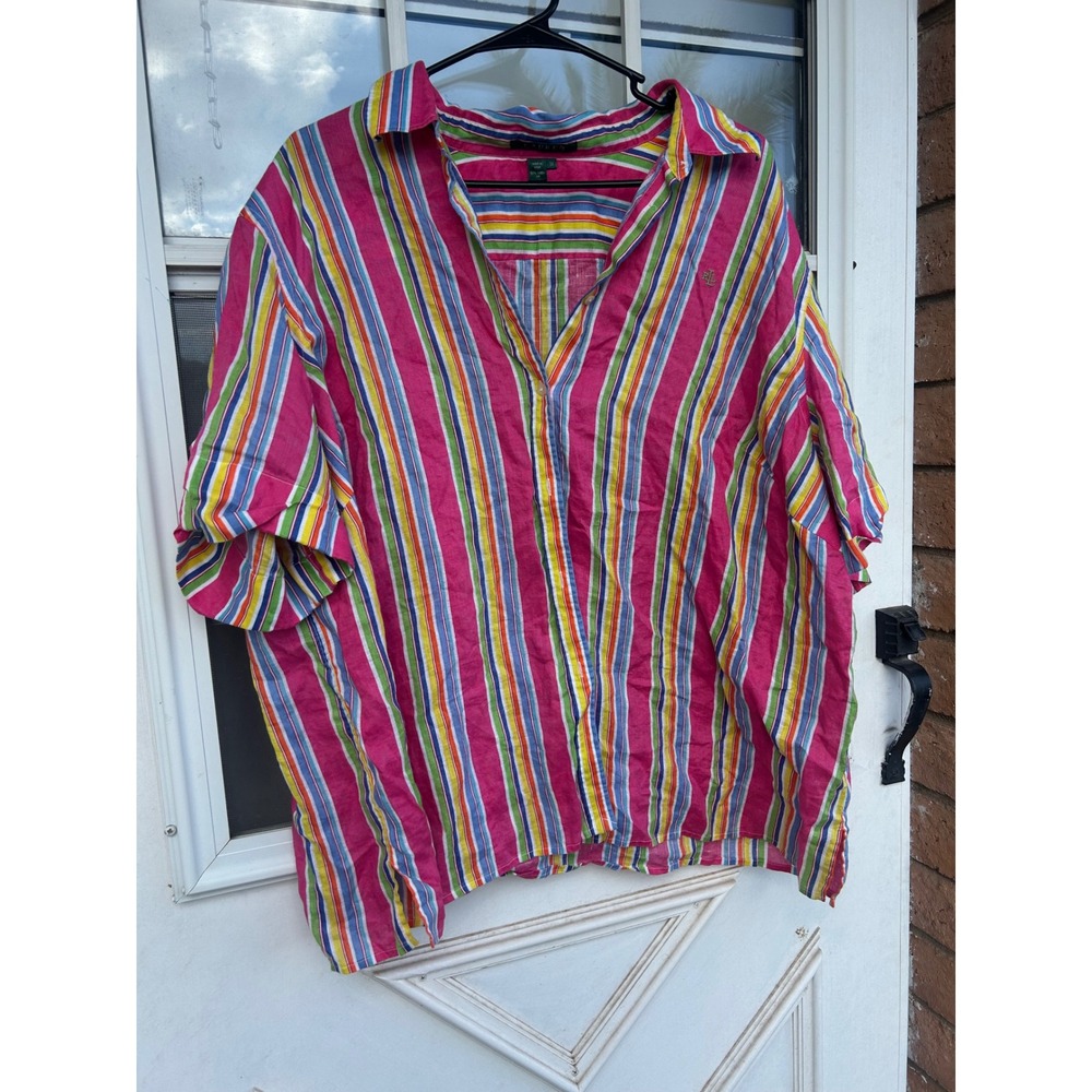 Lauren Ralph Lauren 100% Linen Striped Short Sleeve Shirt Pink Multi 3X